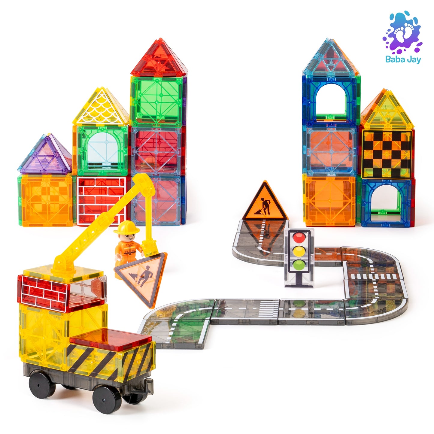 Magnetic Diamond Tiles - Construction/Roadworks Set - 56 Pieces