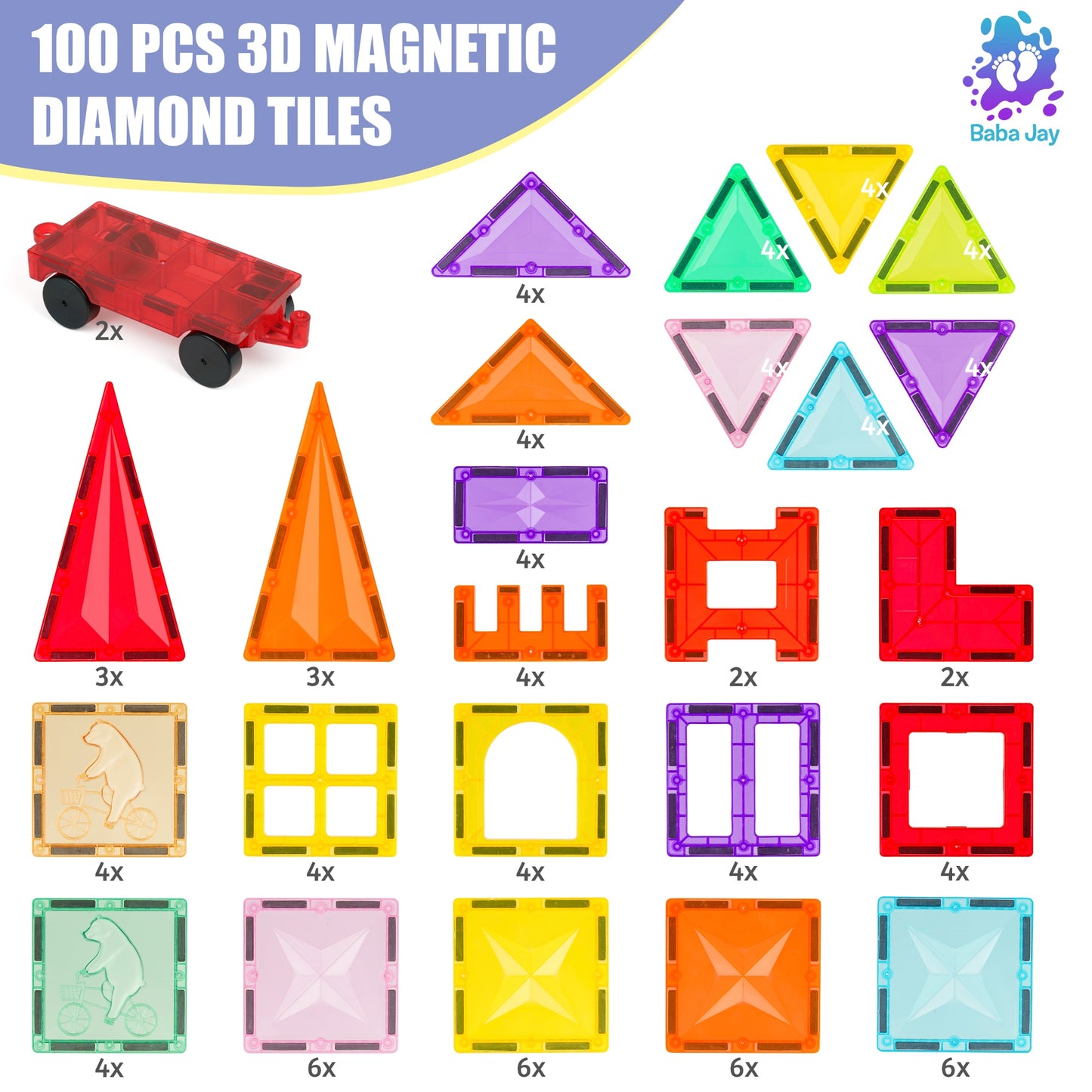 Magnetic Diamond Tiles - Base Set - 100 Pieces