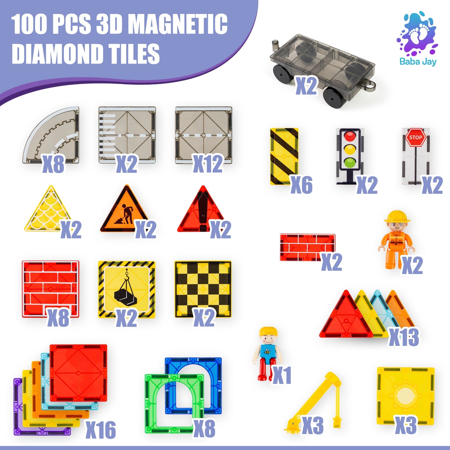 Magnetic Diamond Tiles - Construction/Roadworks Set - 100 Pieces