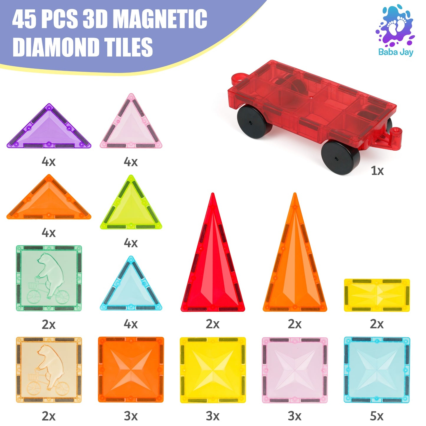 Magnetic Diamond Tiles - Base Set - 45 Pieces