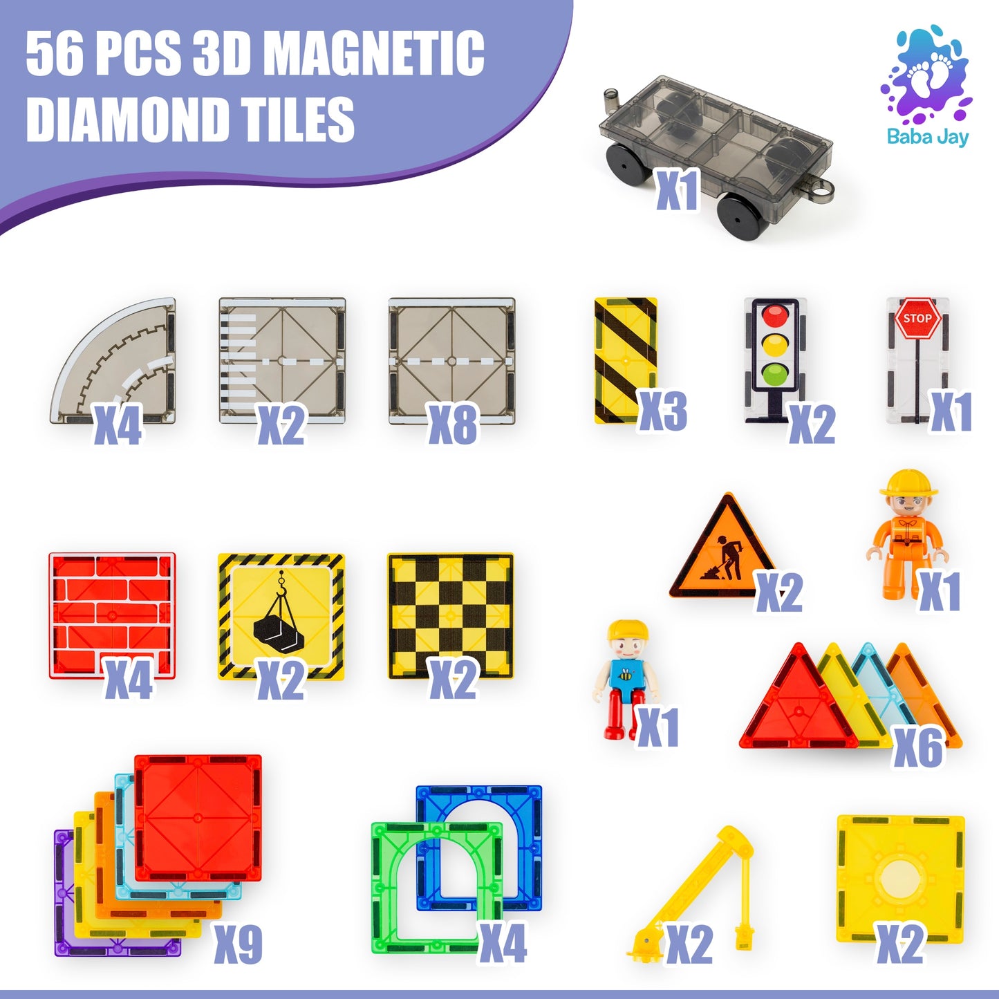 Magnetic Diamond Tiles - Construction/Roadworks Set - 56 Pieces