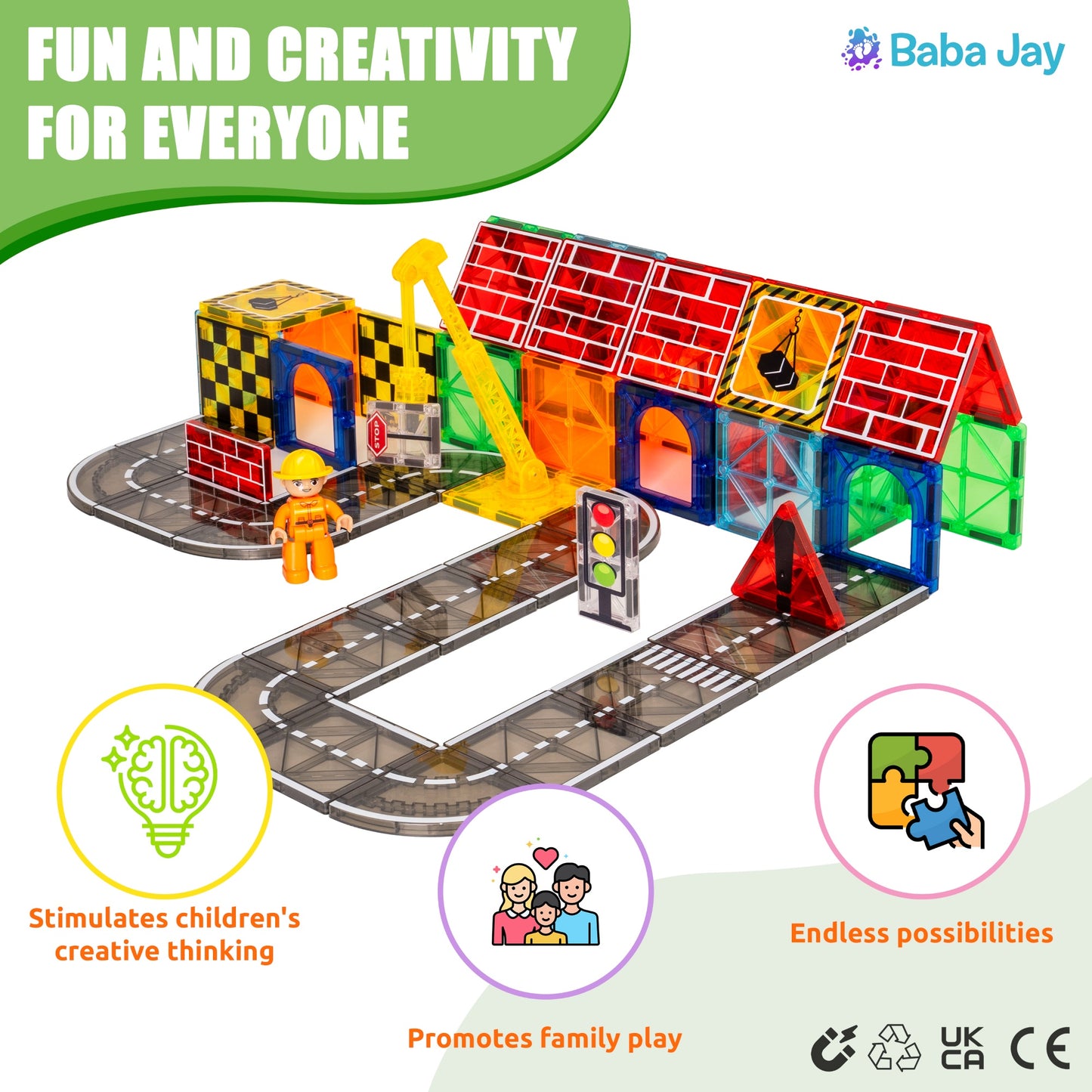 Magnetic Diamond Tiles - Construction/Roadworks Set - 56 Pieces