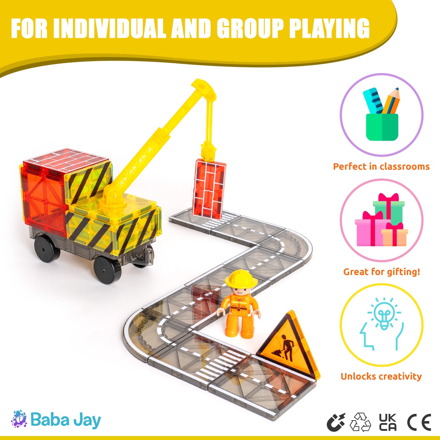 Magnetic Diamond Tiles - Construction/Roadworks Set - 56 Pieces