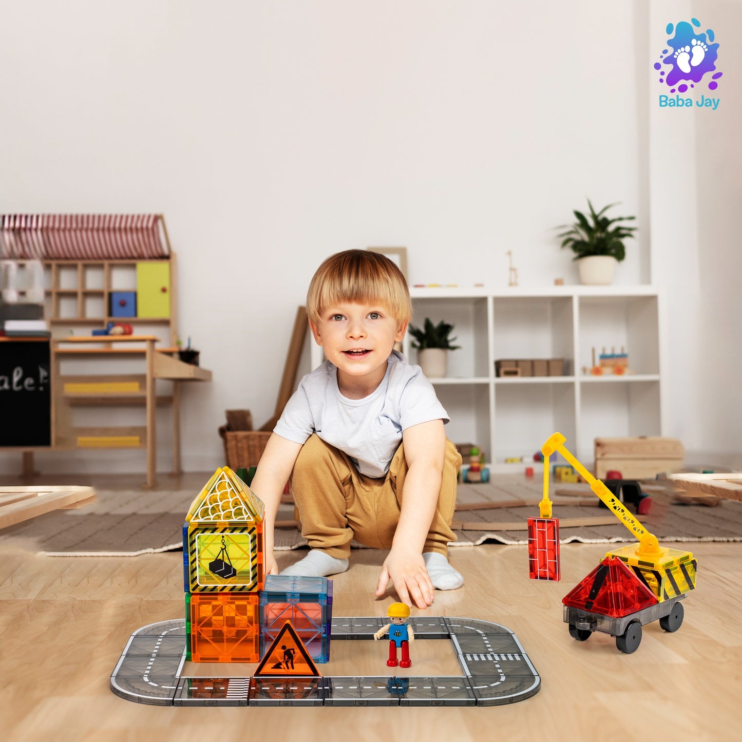 Magnetic Diamond Tiles - Construction/Roadworks Set - 56 Pieces