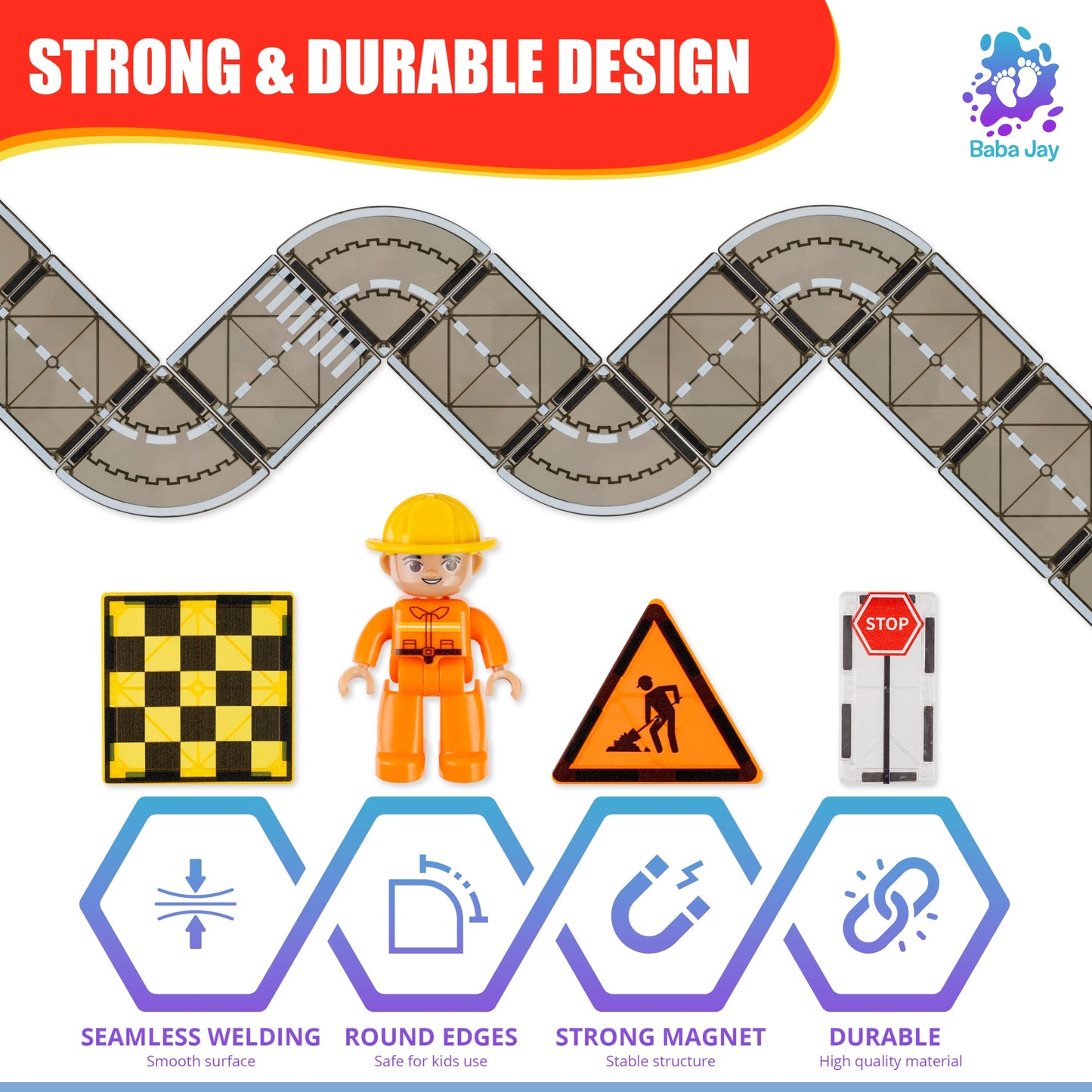 Magnetic Diamond Tiles - Construction/Roadworks Set - 56 Pieces